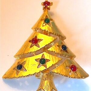Festive Gold Christmas Tree Brooch Signed Eisenberg Ice